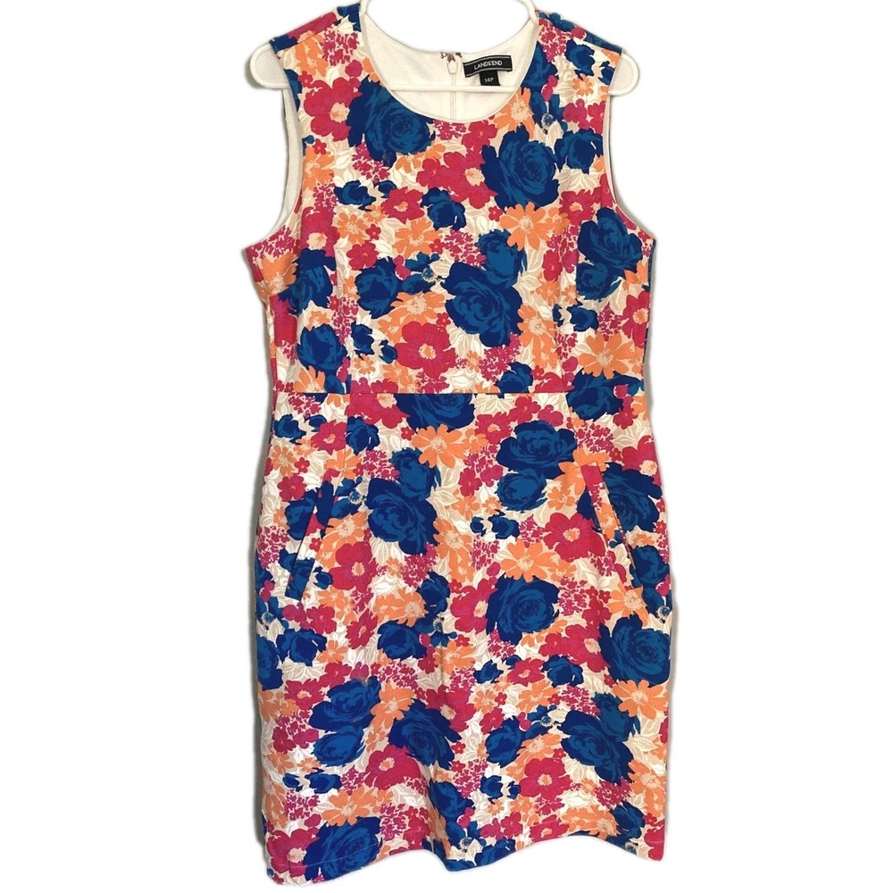 Lands End Dress Womens 14P Blue Orange Pink Floral Sleeveless Sheath Knee Length